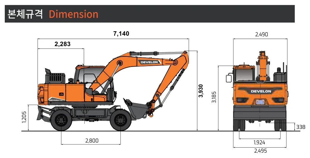 06 포크레인 HD건설기계(DEVELON) DX150W-7K 치수도 (측면·후면)