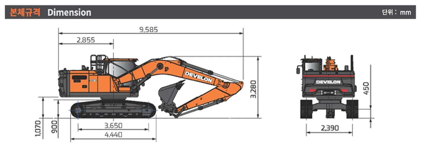 08 포크레인 HD건설기계(DEVELON) DX240 치수도 (측면·후면)