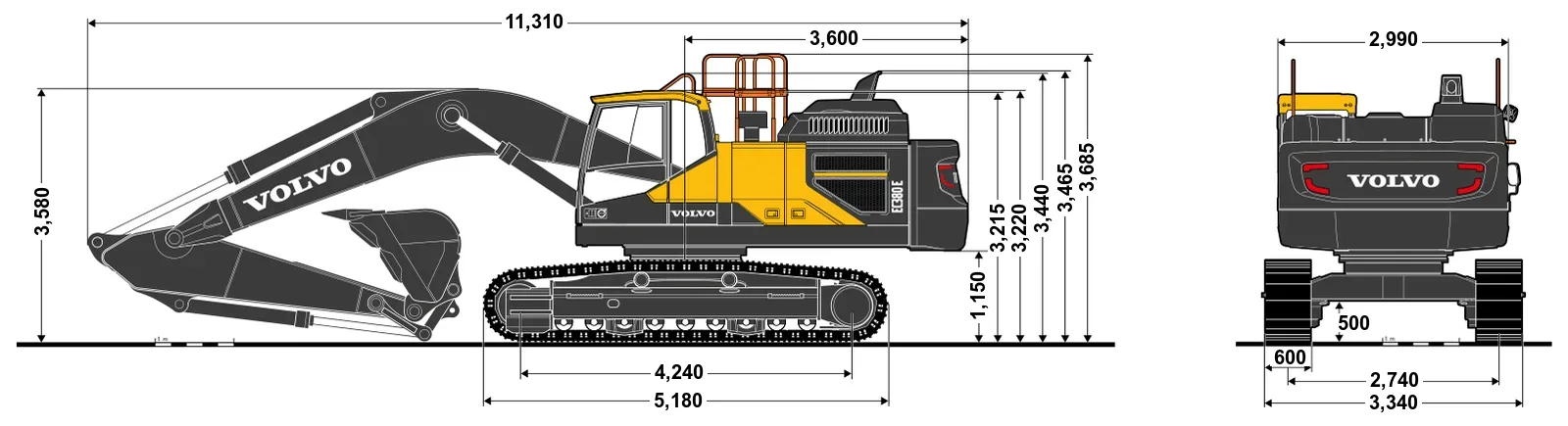 380 포크레인 볼보건설기계 EC380E Hybrid 치수도 (측면·후면)