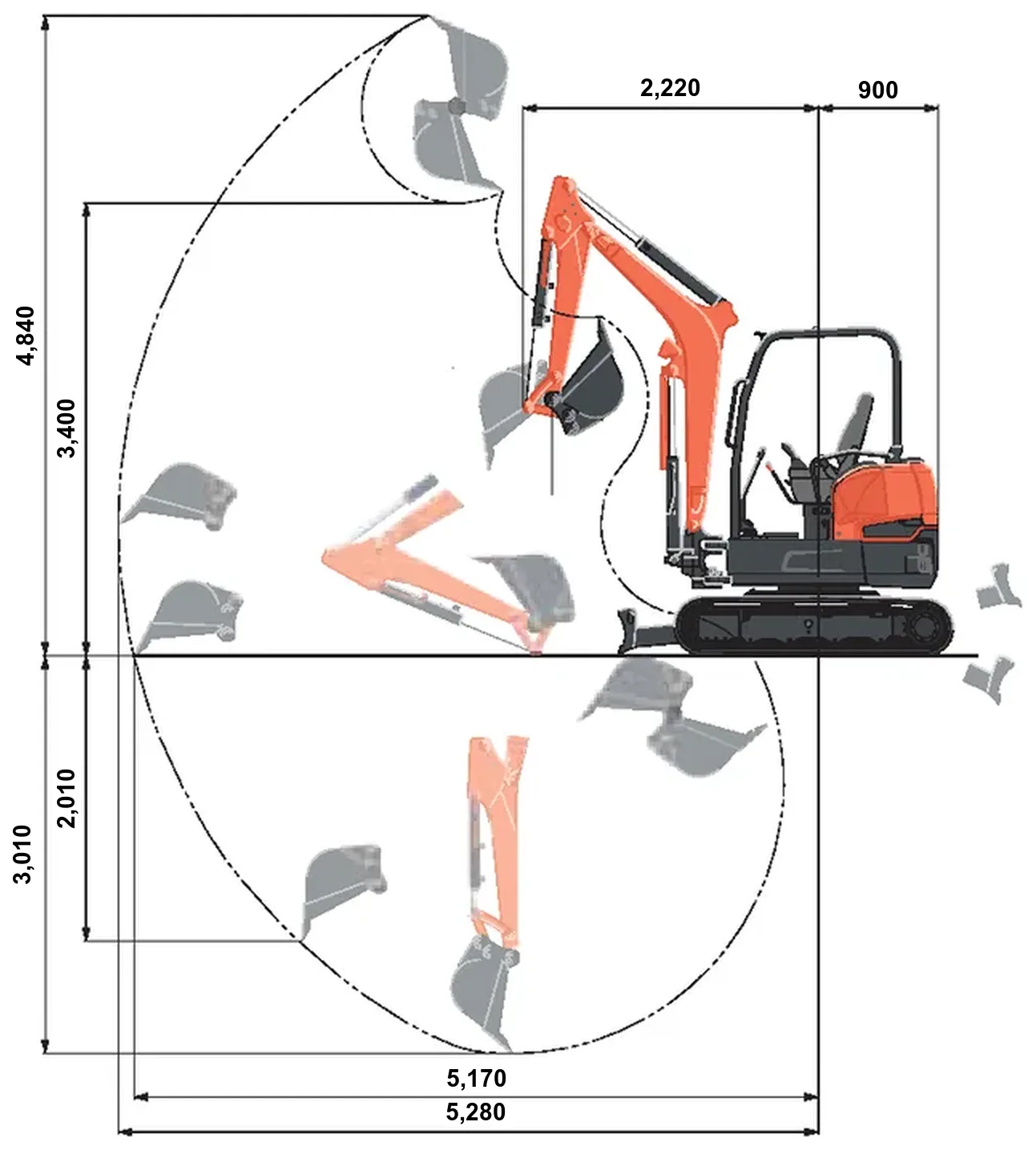 035 포크레인 쿠보타(Kubota) U35-4 작업범위도